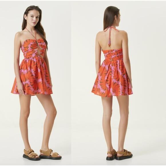 NWT Farm Rio Copacabana Floral Dress L Pink Mini Ruched Halter Fit and Flare - Picture 1 of 16
